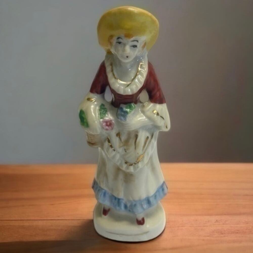 Vintage Colonial Lady Ceramic Figurine Hand Painted Cottage Farmhouse Decor